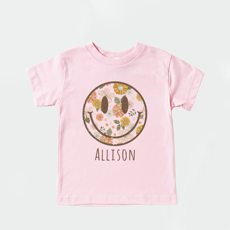 Personalized Girls Retro Floral Smiley Face T-Shirt| Cloth1423