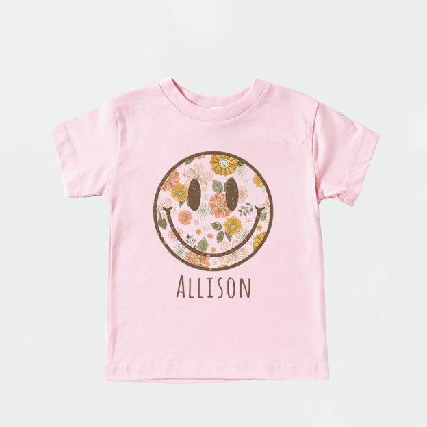 Personalized Girls Retro Floral Smiley Face T-Shirt| Cloth1423