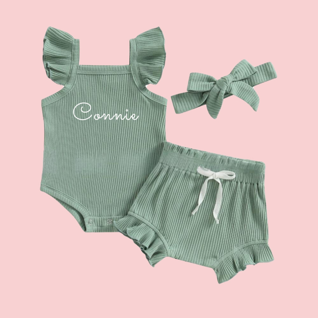 Personalized  3PCS Baby Girl Causal Ribbed Bodysuit Set| BBCloth91
