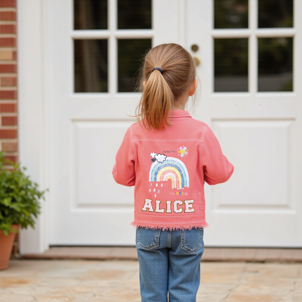 Personalized Girl Patch Rainbow Pink Denim Jacket| Cloth228