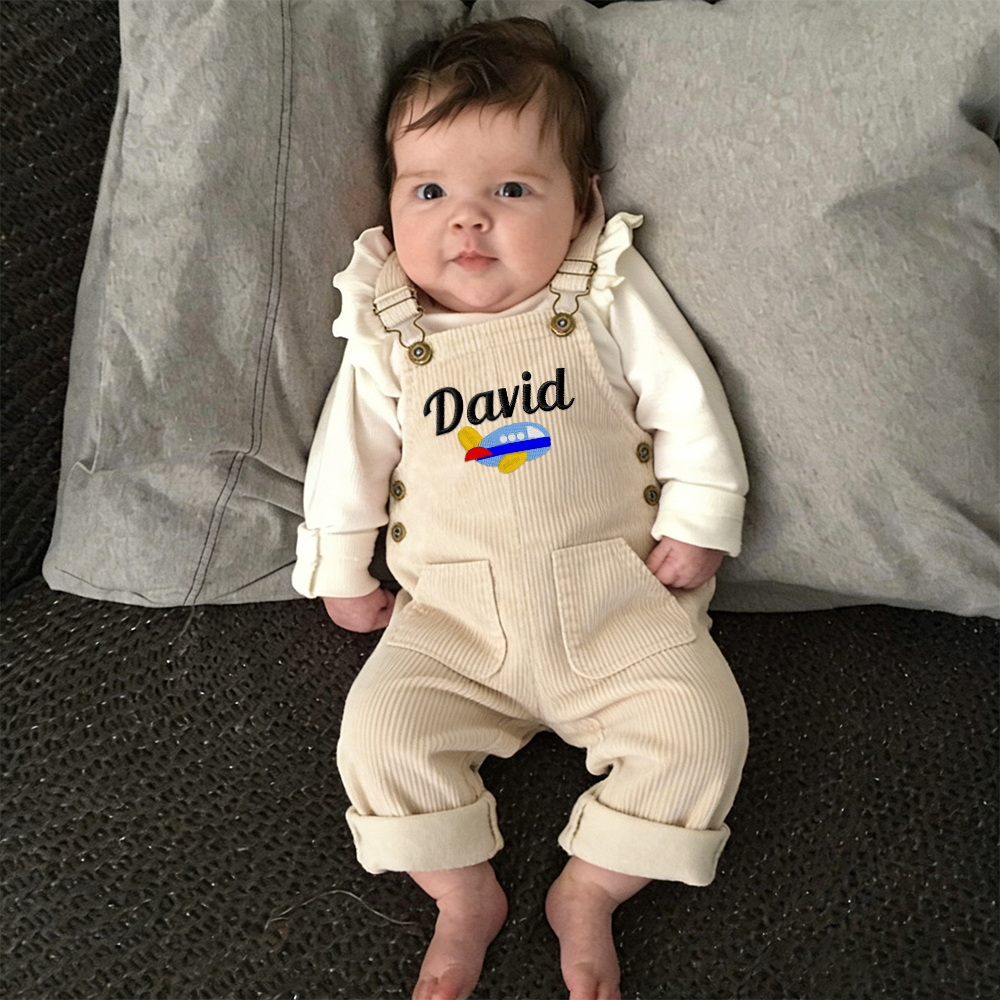 Personalized Embroidery Corduroy Baby Suspenders Jumpsuit | CWBaby387
