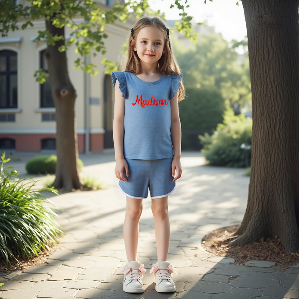 ]Personalized Girl Summer Ruffle T-Shirt and Shorts Set| Cloth233