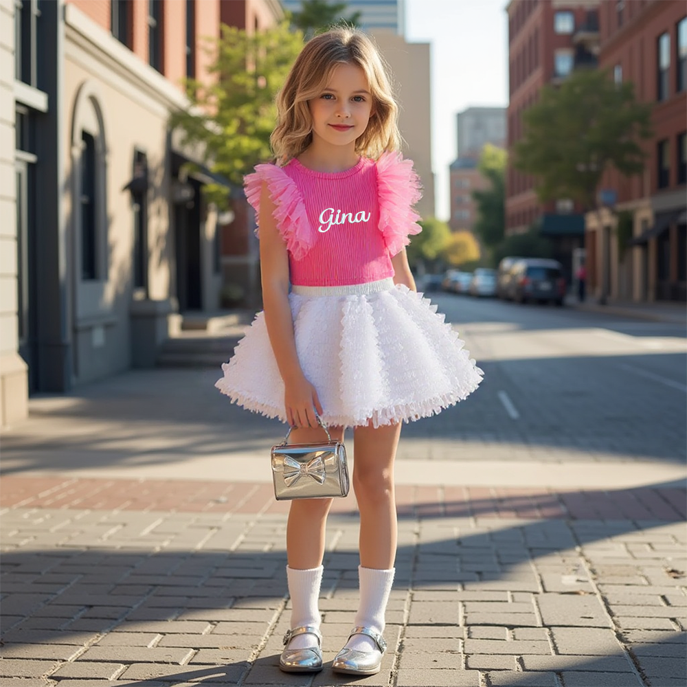 Personalized Girl Embroidered Ruffle Flutter Sleeve Tutu Set| Cloth237