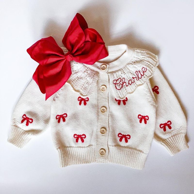 Personalized Baby Hand Embroidered Bow Cardigan| BBcloth98