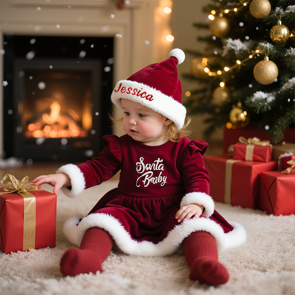 Personalized Santa Baby Outfit with Embroidered Party Hat|YESMC01