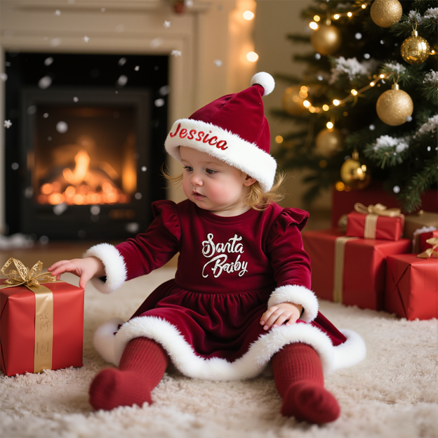 Personalized Santa Baby Outfit with Embroidered Party Hat|YESMC01