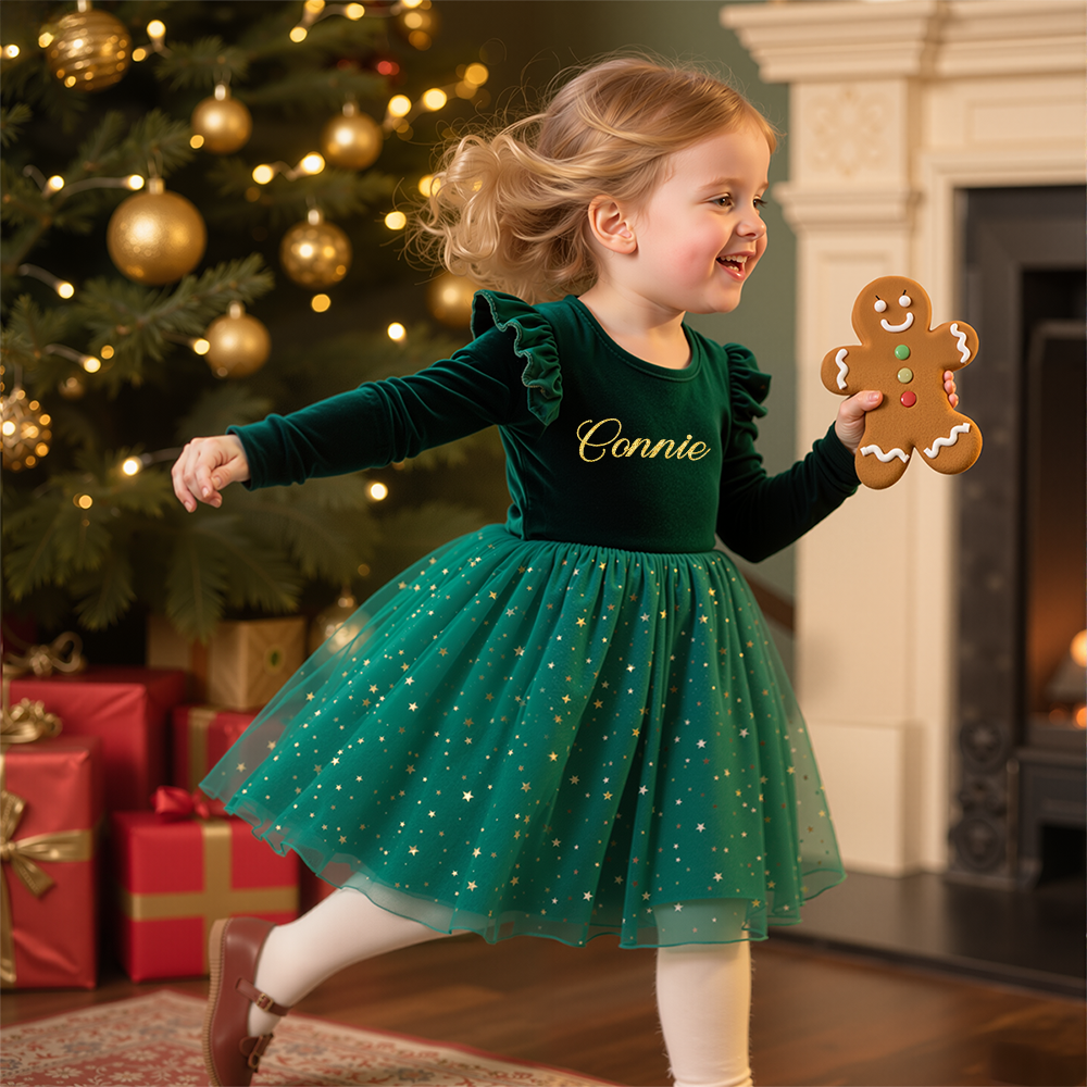 Personalized Girl Christmas Star Sequin Tulle Dress|YESMC05