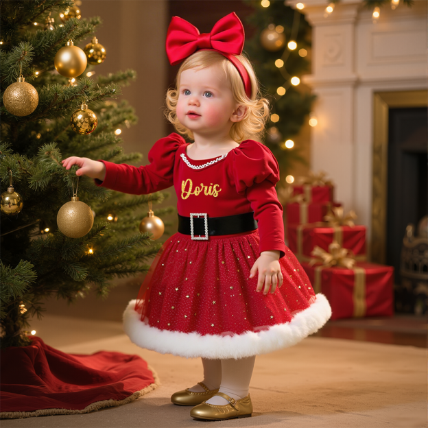 Personalized Christmas Girl Bow With Puff Sleeve Star Mesh Dress|YESMC08