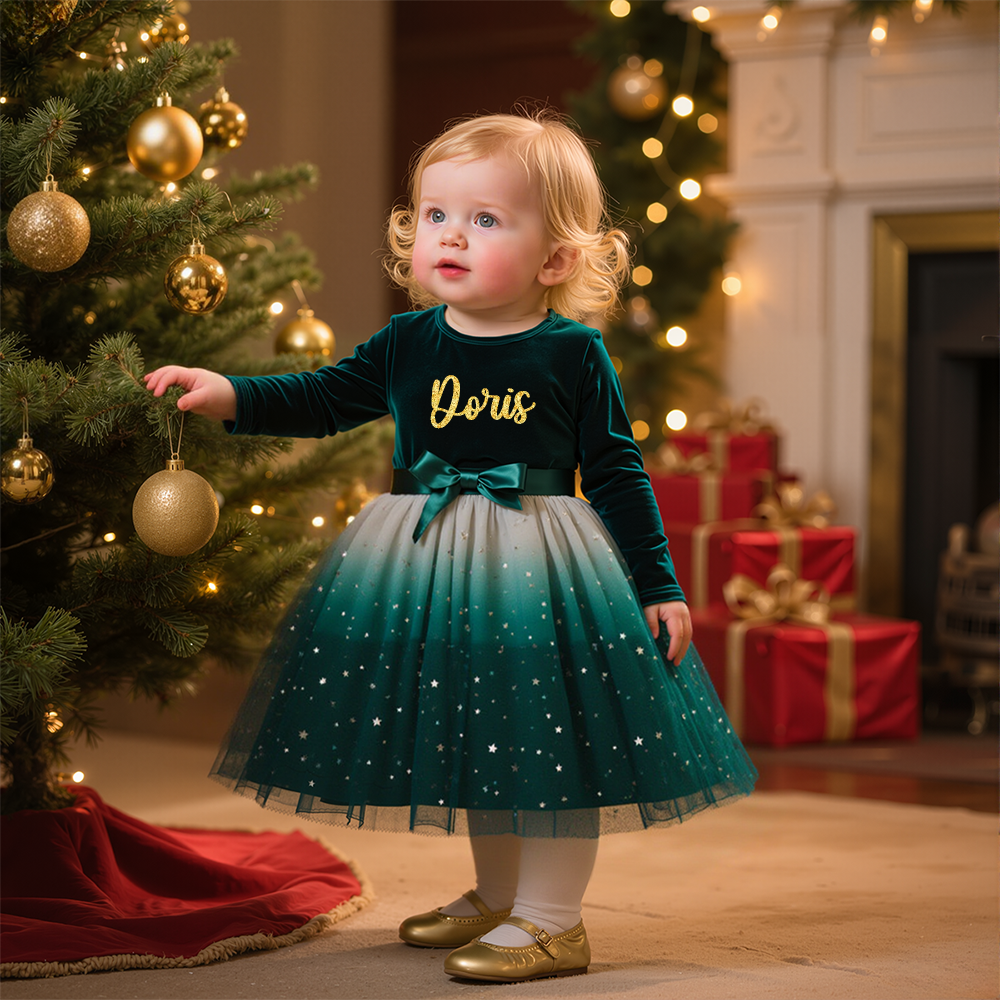 Personalized Christmas Girl Bow Star Mesh Party Dress|YESMC10