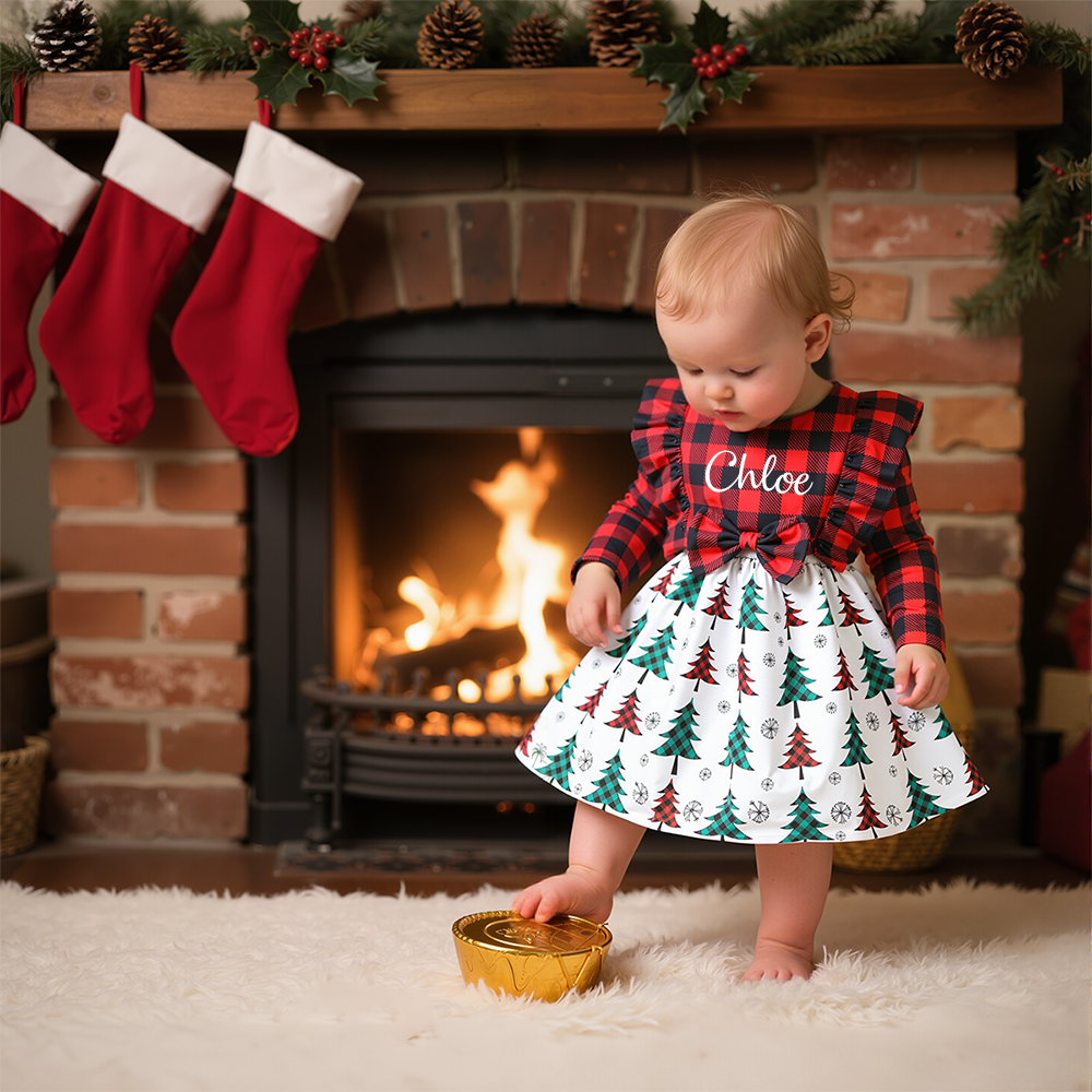 Personalized Girl Christmas Tree Grid Dress|YESMC17