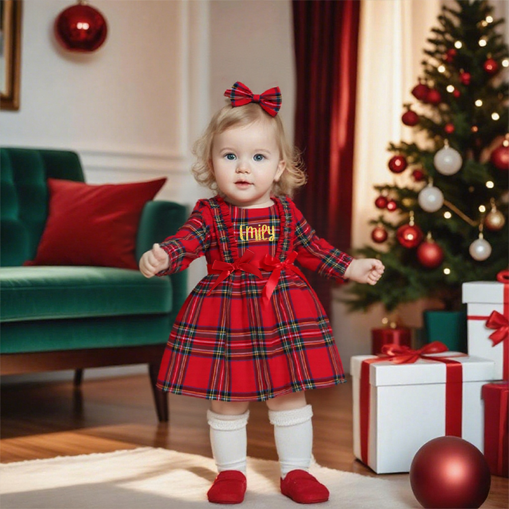 Personalized Girl Red Plaid Christmas Dress Set with Headband|YESMC18