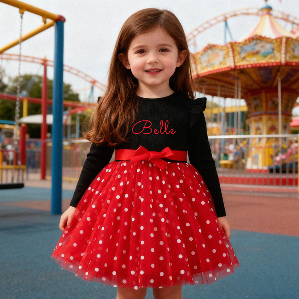 Personalized Girl Polka Dot Tulle with Bow Dress| Dress32