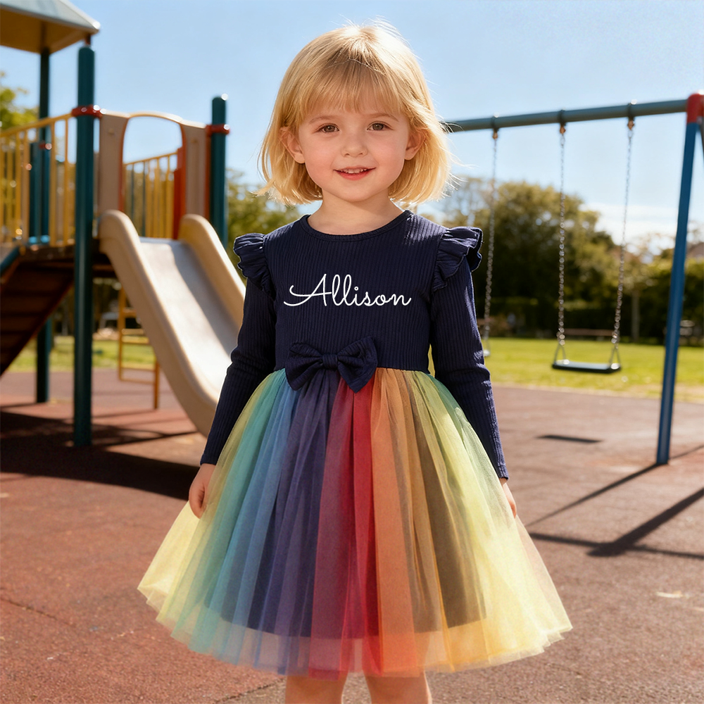 Personalized Girl Rainbow Mesk Dress| Dress34