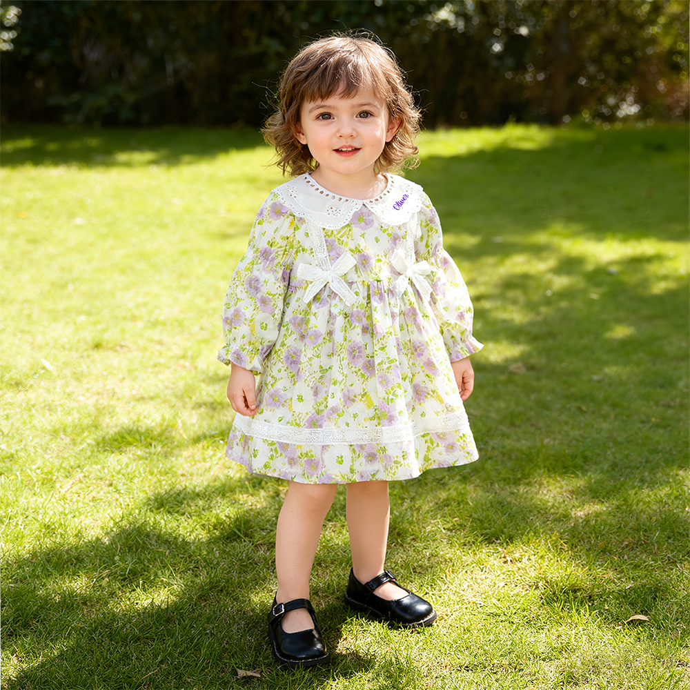 Personalized Girl Long Sleeve Floral Dress| Dress35