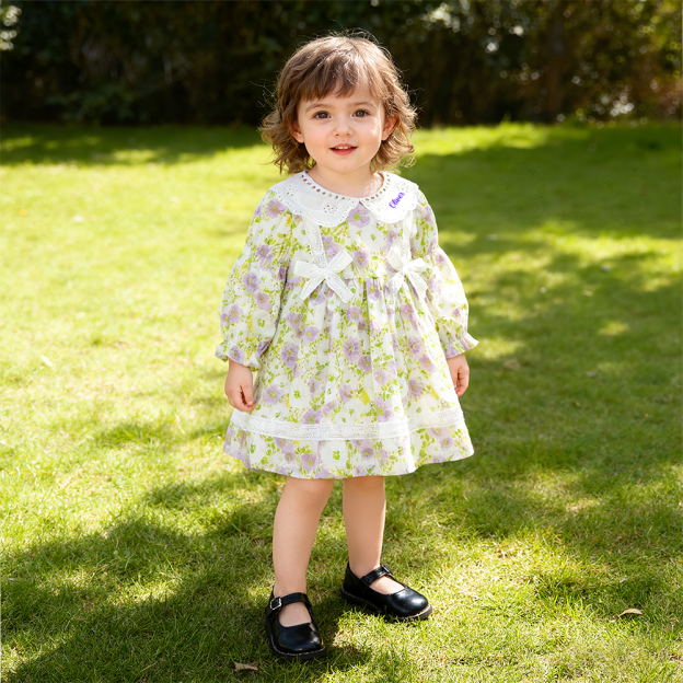 Personalized Girl Long Sleeve Floral Dress| Dress35