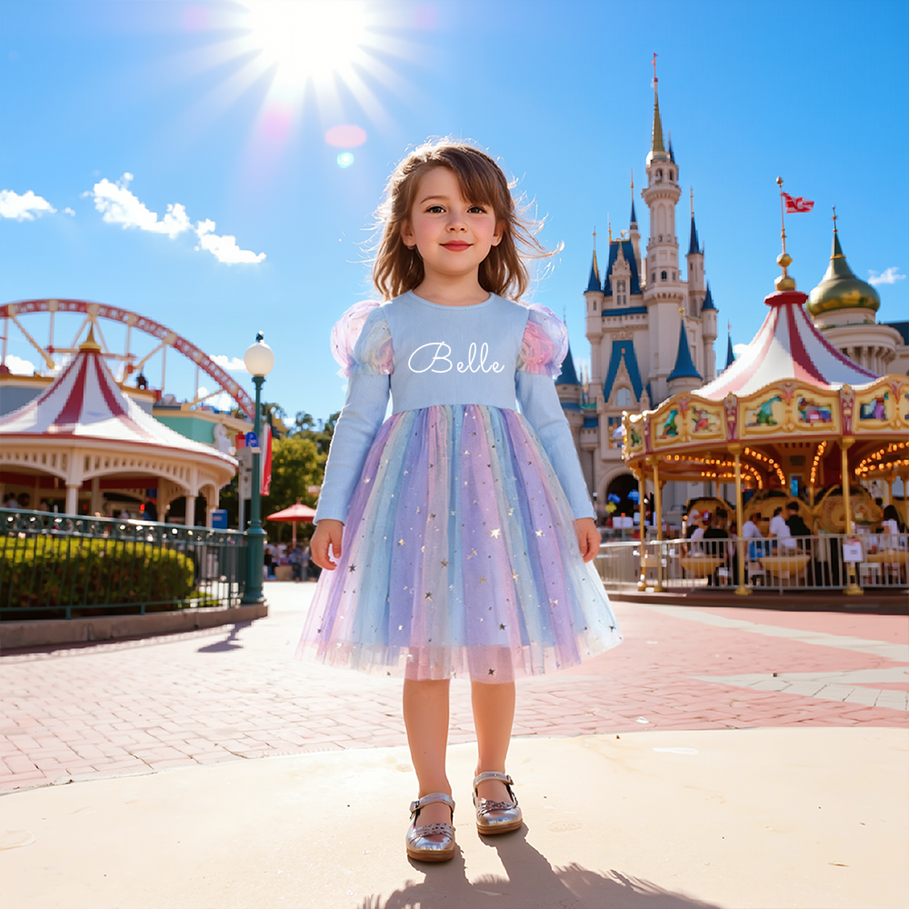 Personalized Girl Long Sleeve Blue Tulle Dress| Dress38