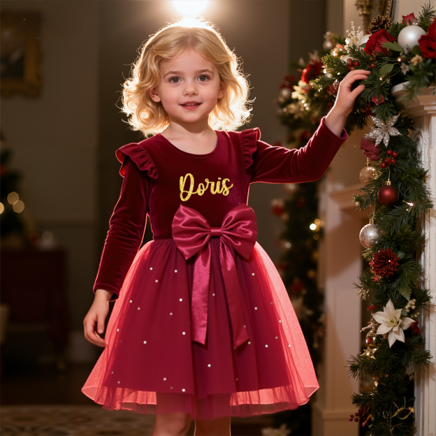 Personalized Girl Christmas Bow Red Tulle Dress| YESMC27