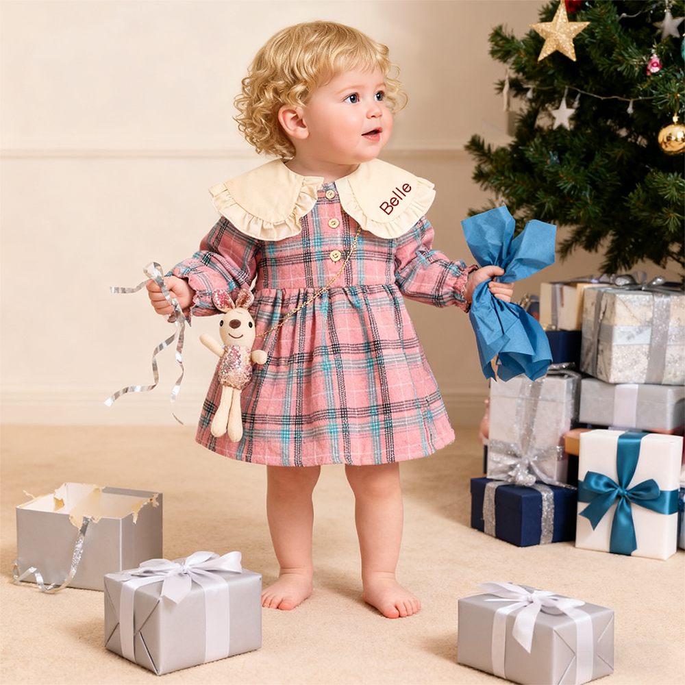 Personalized Baby Girl Peter Pan Collar Dress With Bunny Bag| YESMC28