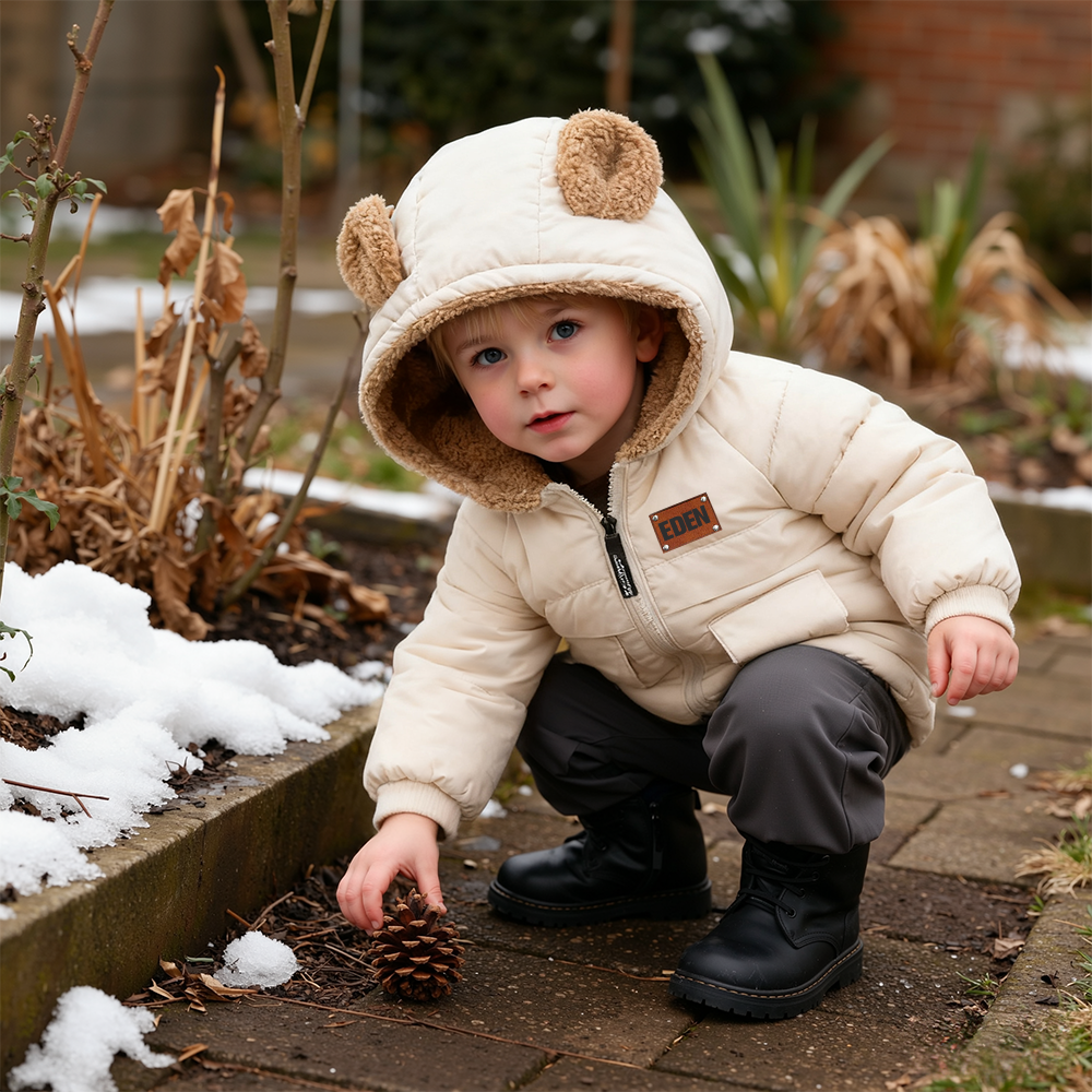 Personalized Leather Patch Kids Bear Ear Puffer Jacket| Cloth256