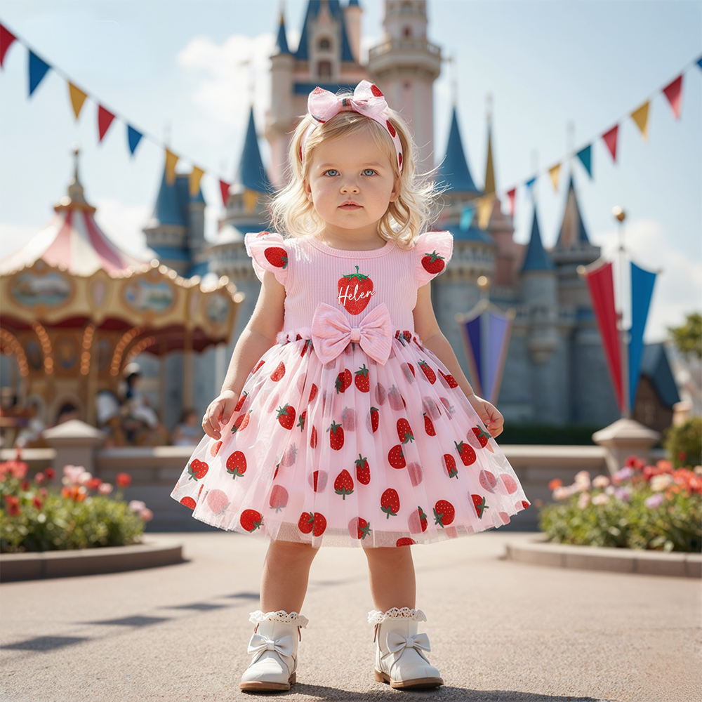 Personalized Girl Strawberry Mesh Dress With Headband| Dress48