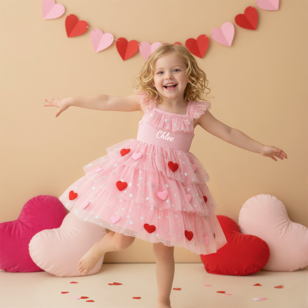 Personalized Girl Valentine's Day Heart Mesh Dress| YESVa05