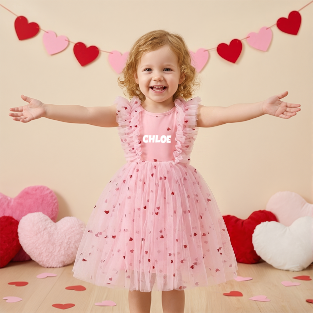 Personalized Girl Valentine's Day Heart Mesh Dress| YESVa08