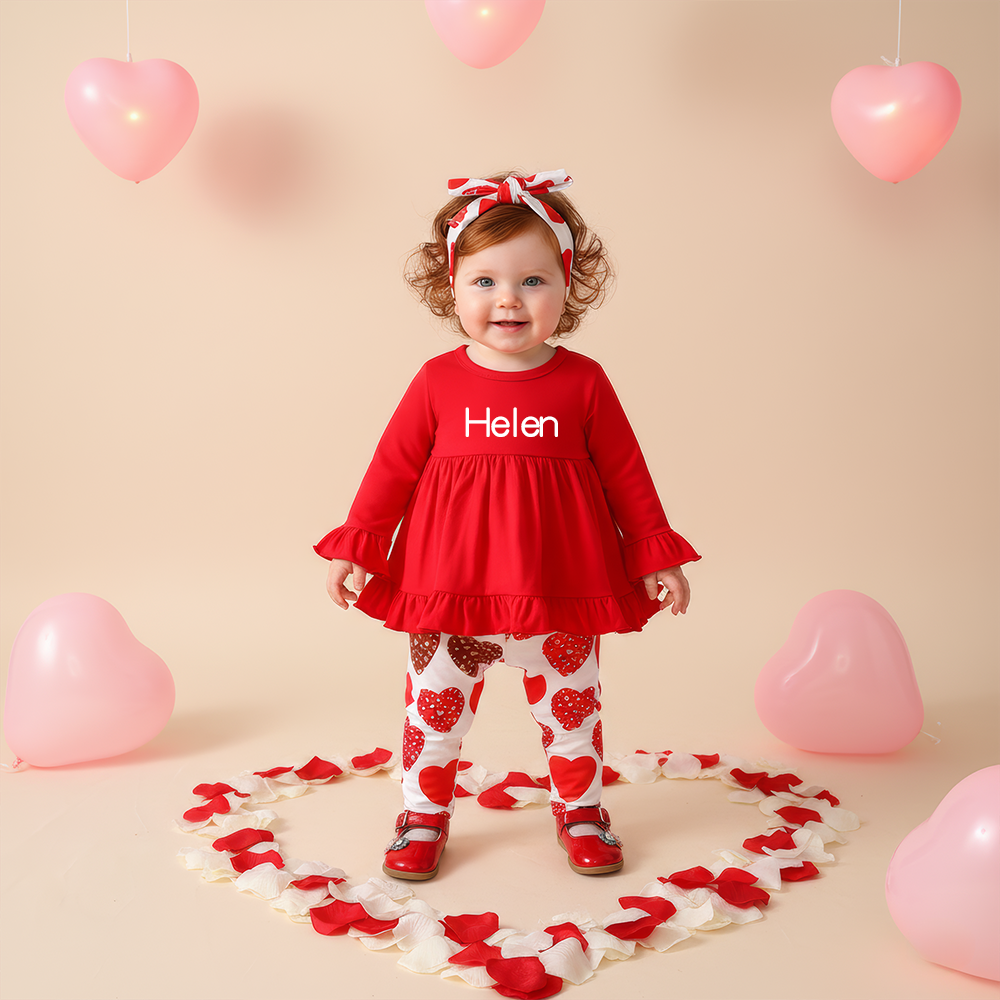 Personalized Girl Red Ruffle Top & Heart Pants Baby Set| YESVa14
