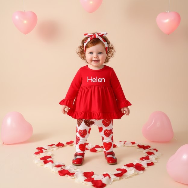 Personalized Girl Red Ruffle Top & Heart Pants Baby Set| YESVa14