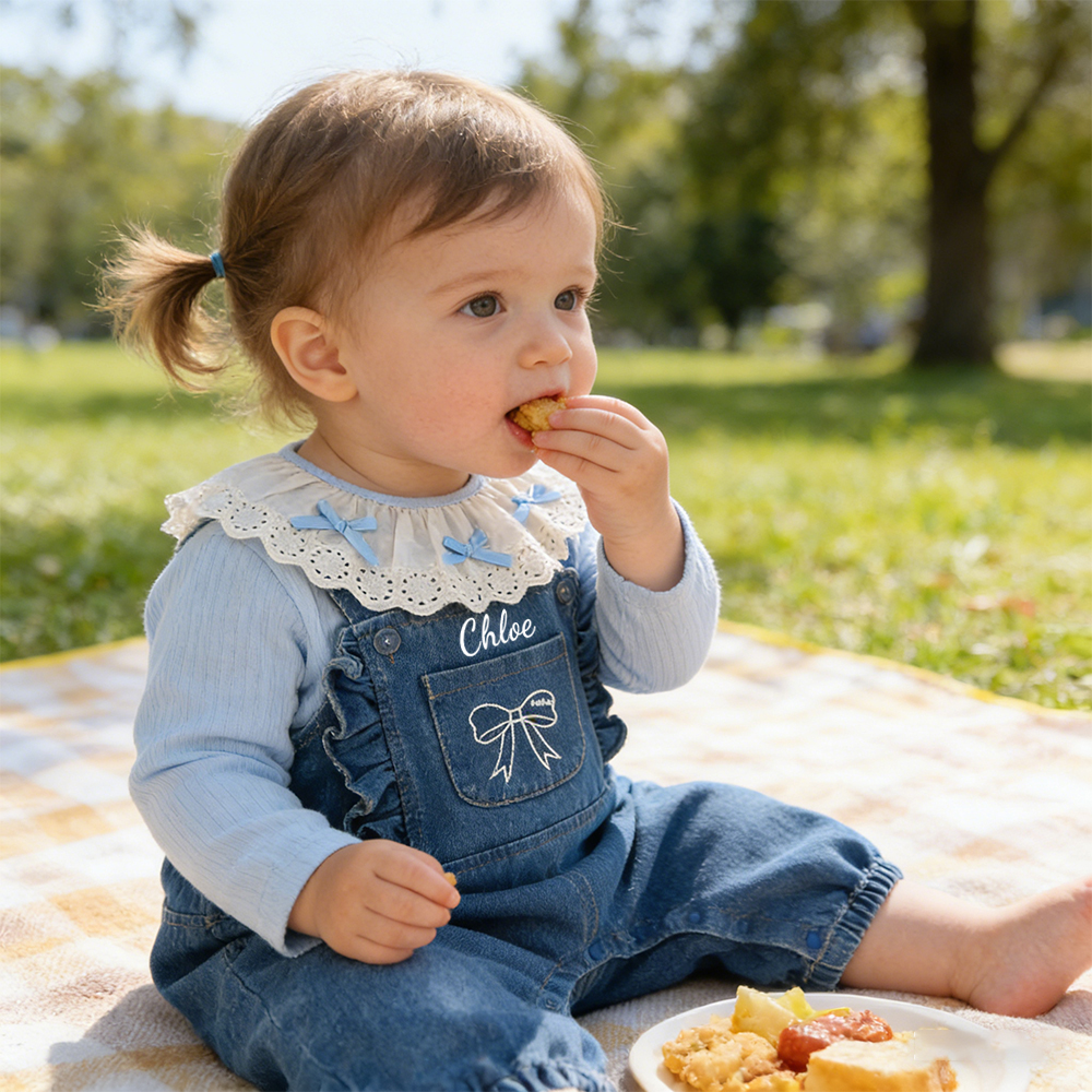 Personalized Baby Girl Lace Collar Top & Denim Overalls Set| Pants36