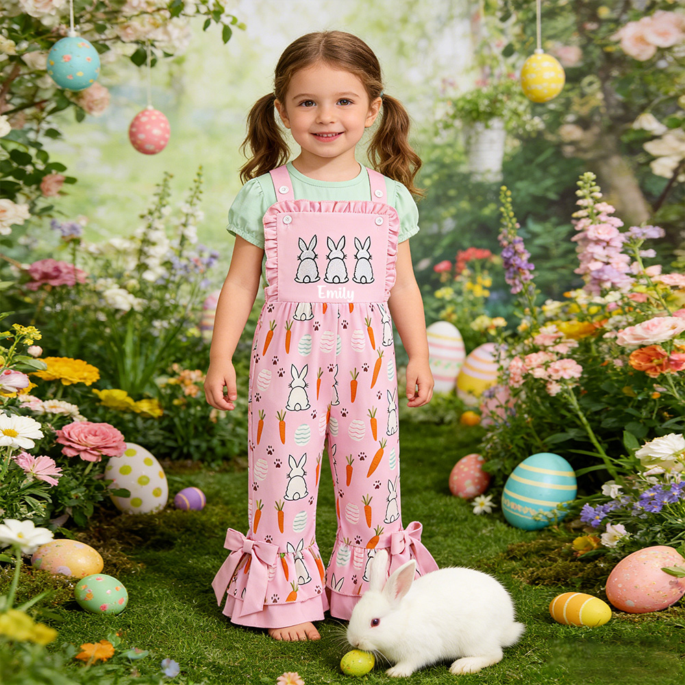 Personalized Girl Easter Bunny Pink Overalls| Pants39