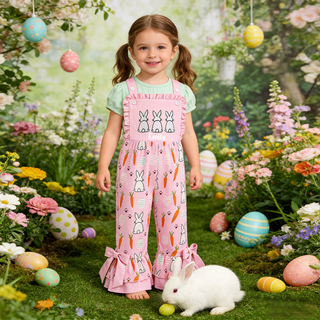 Personalized Girl Easter Bunny Pink Overalls| Pants39