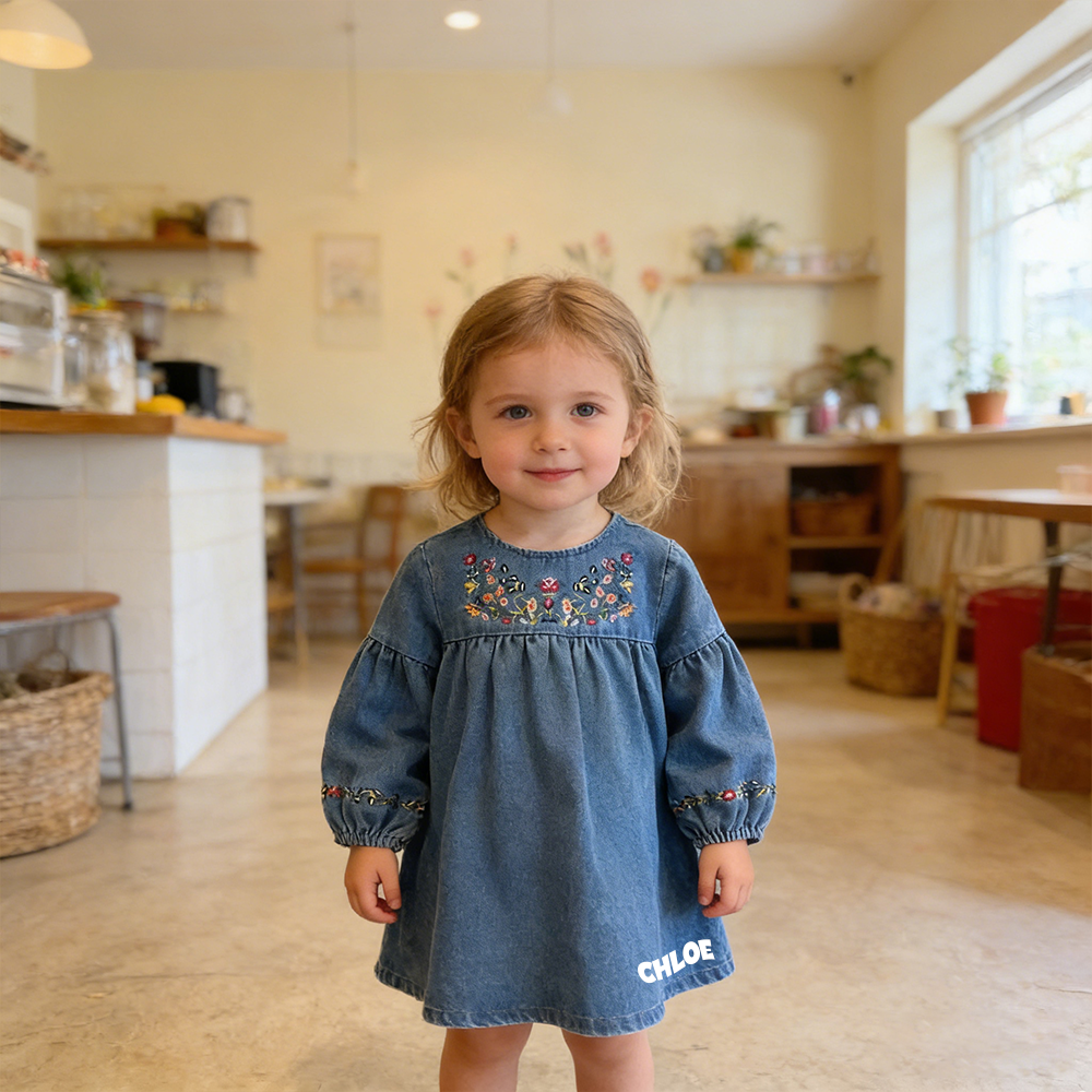 Personalized Girl Embroidered Denim Floral  Dress| Dress68