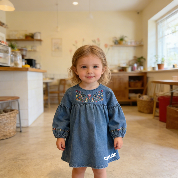 Personalized Girl Embroidered Denim Floral  Dress| Dress68