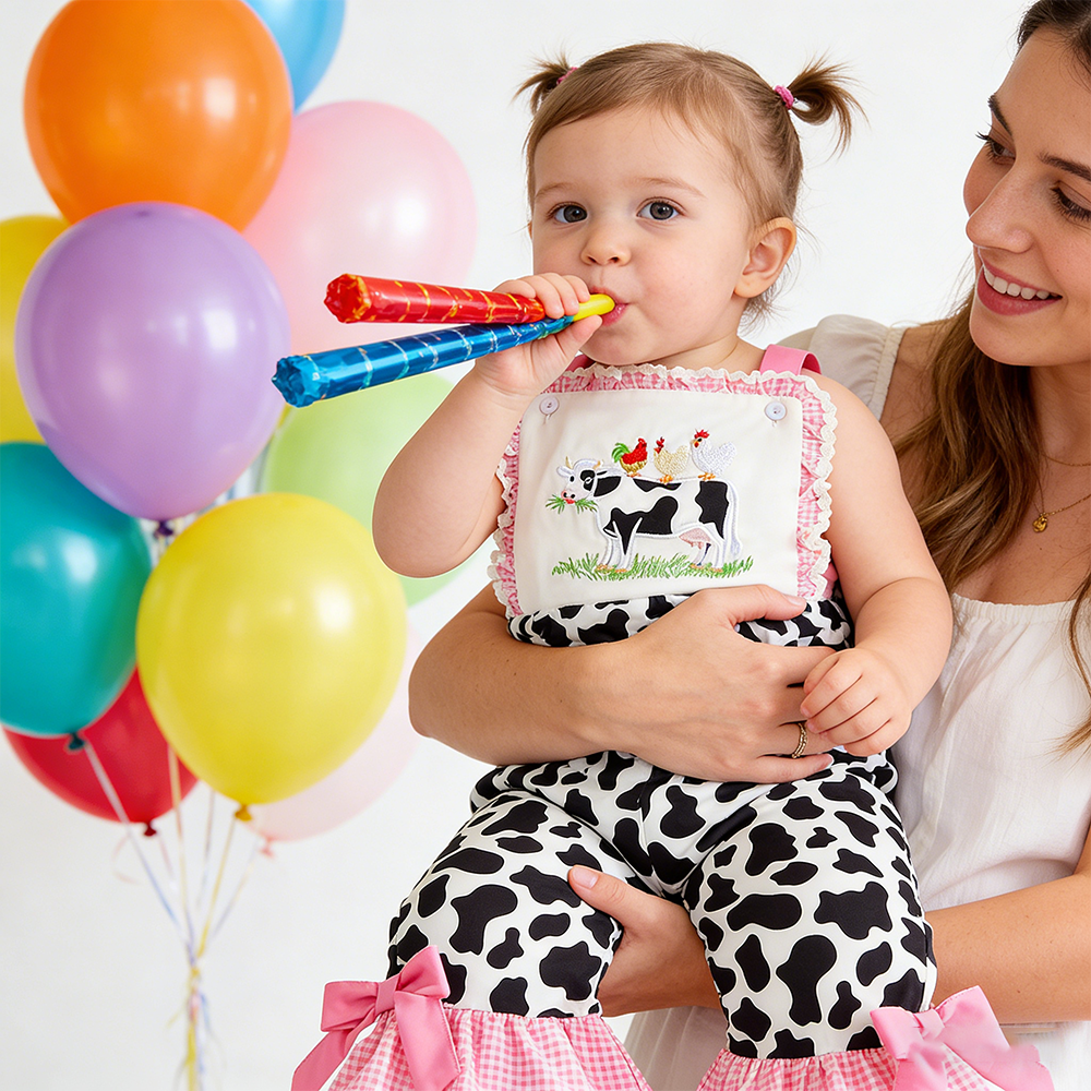 Girl Birthday Cow Print Overalls| Pants32