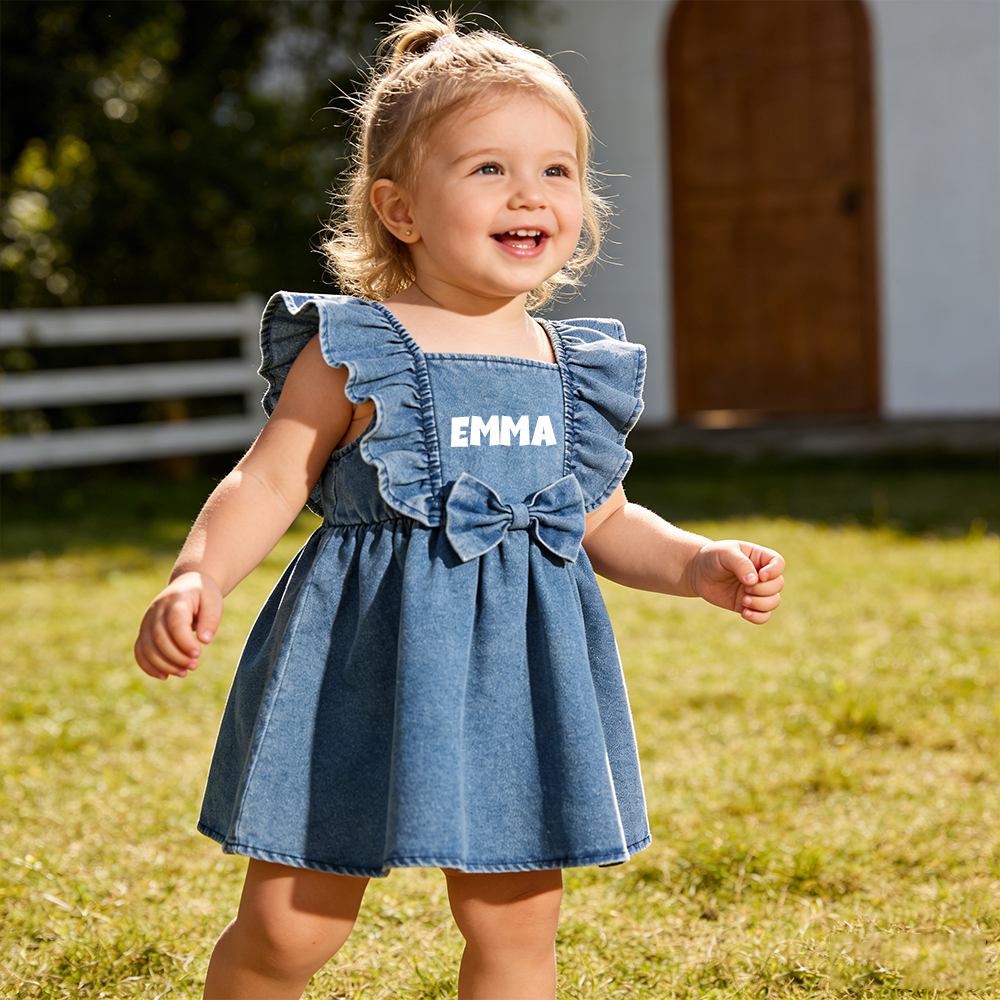 Personalized Girl Ruffle Shoulder Denim Dress| Dress73