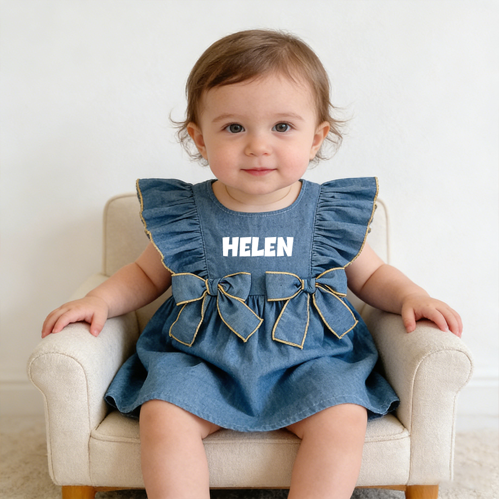 Personalized Girl Ruffle Shoulder Denim Dress| Dress74