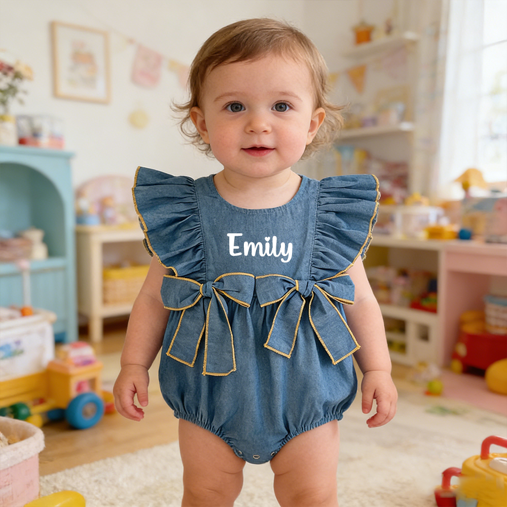 Personalized Baby Girl Ruffle Shoulder Denim Romper| BBcloth123
