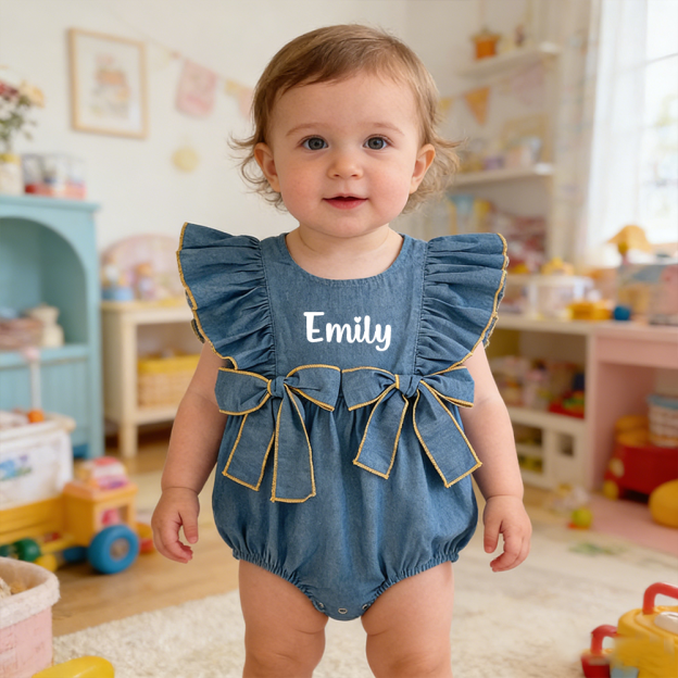 Personalized Baby Girl Ruffle Shoulder Denim Romper| BBcloth123
