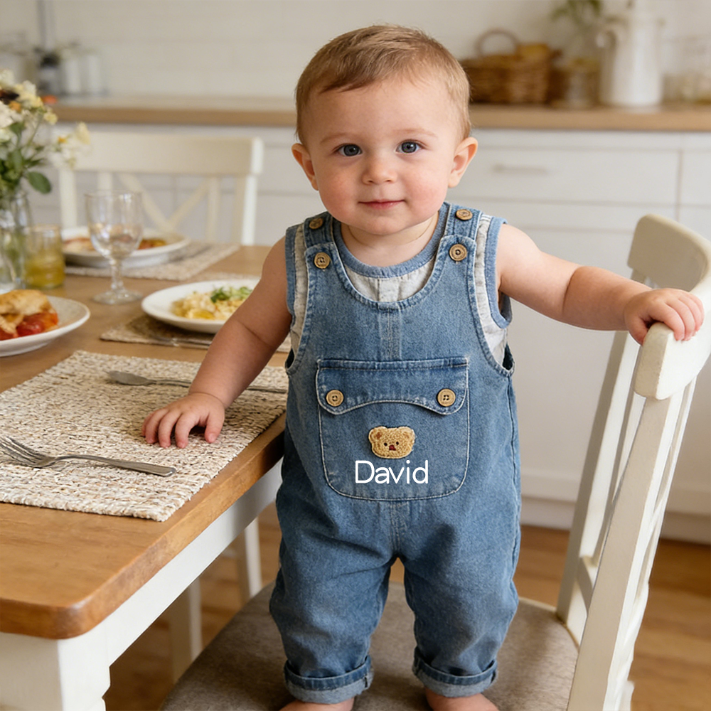 Personalized Kids Bear Patch Denim Overalls Set| Pants46