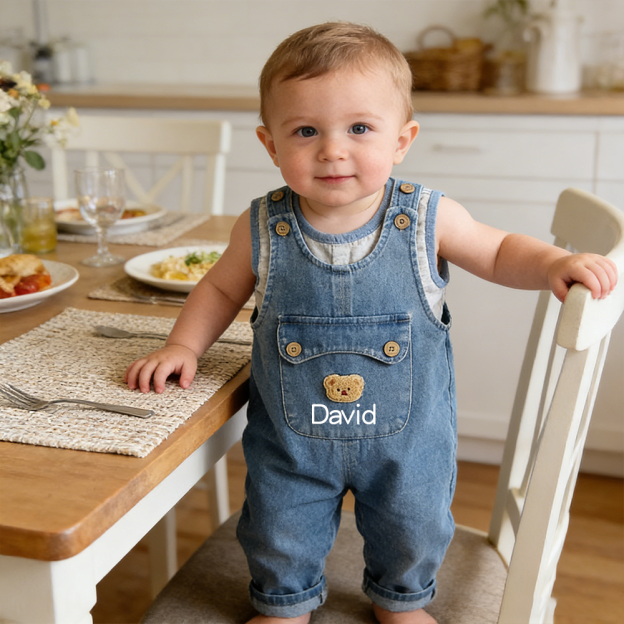 Personalized Kids Bear Patch Denim Overalls Set| Pants46