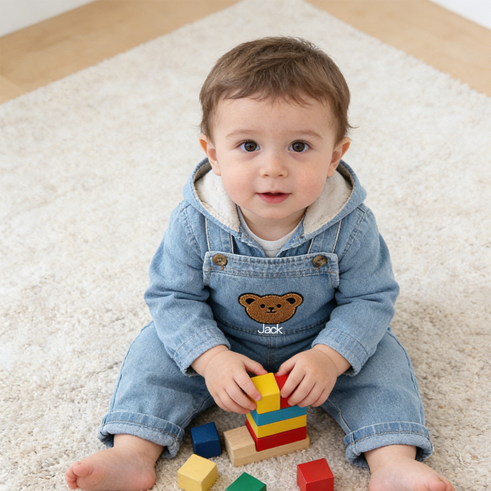 Personalized Kids Bear Patch Denim Overalls| Pants47