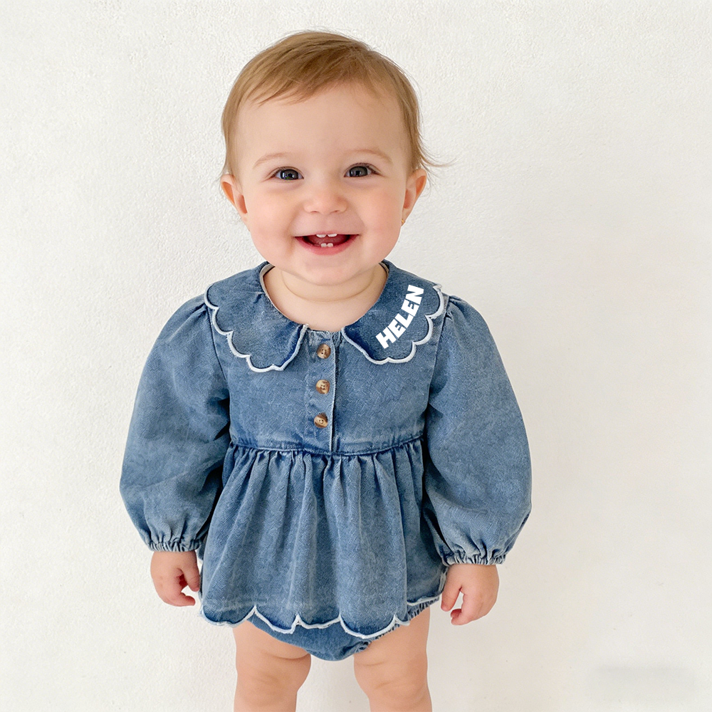 Personalized Baby Girl Ruffled Denim Bubble Romper| BBcloth130