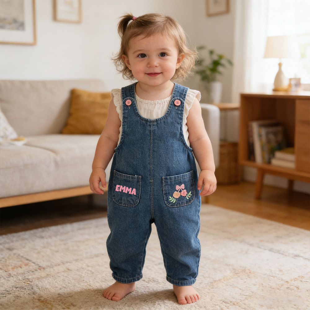 Personalized Girl Embroidered Flower Denim Overalls| Pants51