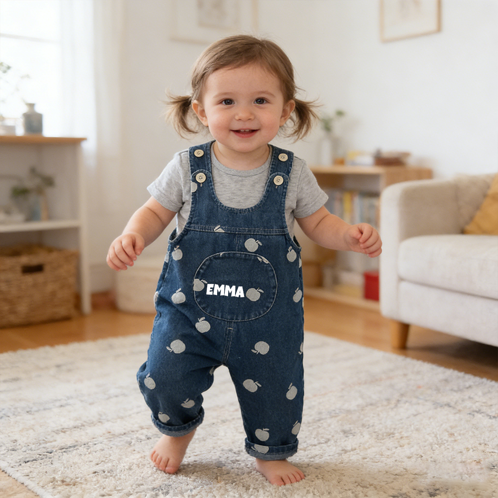 Personalized Kids Print Apple Denim Overalls| Pants52