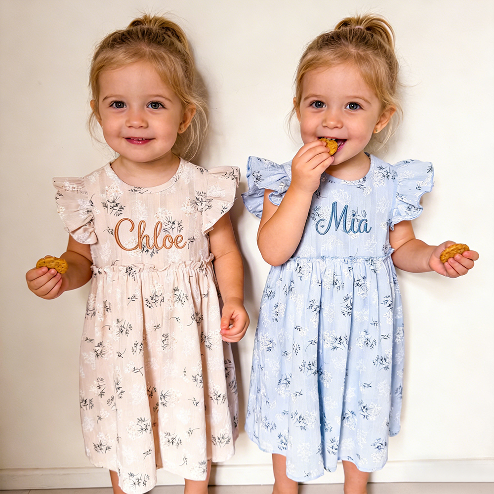 Personalized Girl Embroidered Name Floral Dress With Bow| Dress80