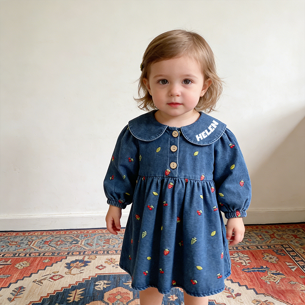 Personalized Girl Fruit Embroidered Denim Dress| Dress82