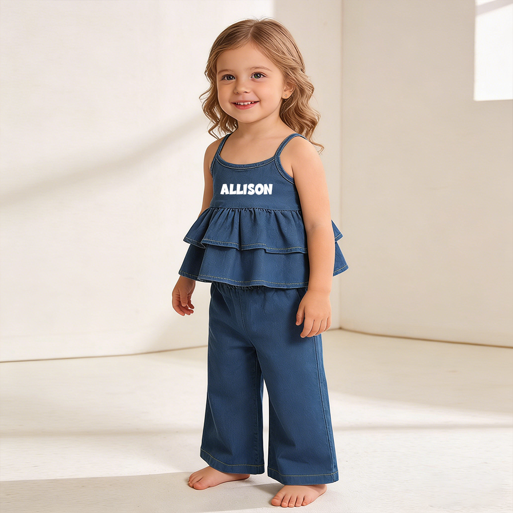 Personalized Girl Sleeveless Ruffle Denim Two-Piece Outfit| Cloth270