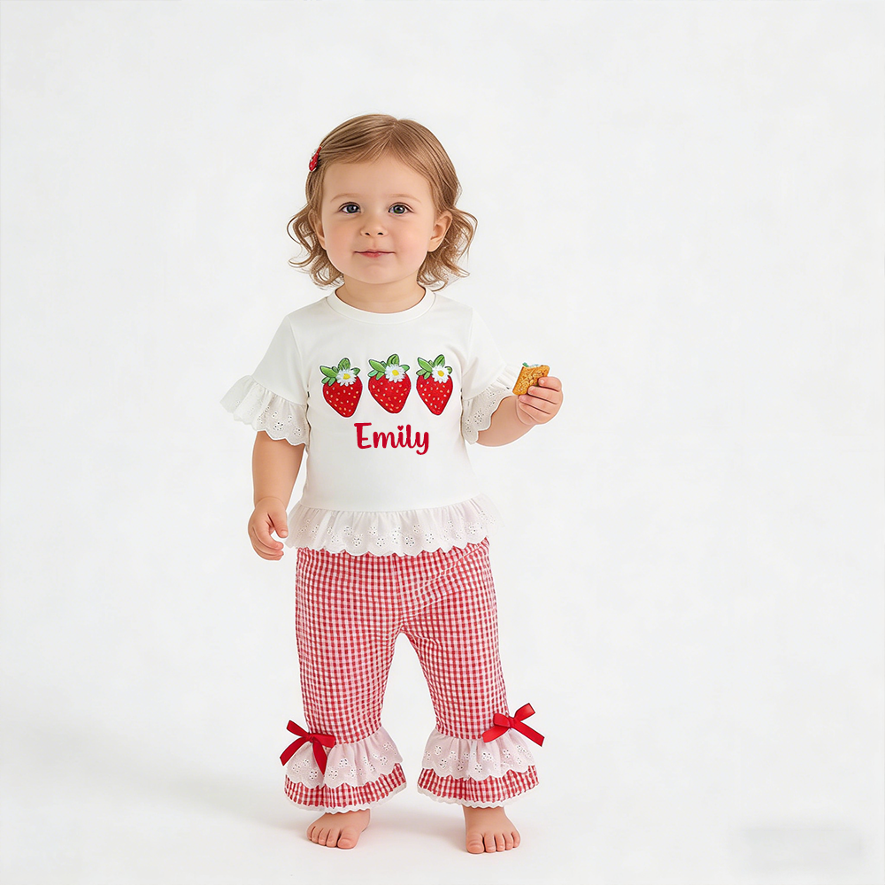 Personalized Girl Strawberry Embroidered Gingham Ruffle Set| Cloth272