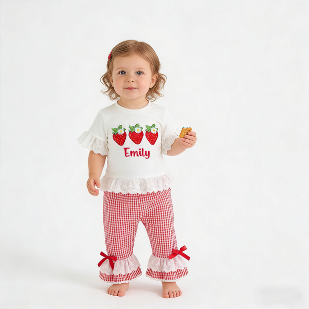 Personalized Girl Strawberry Embroidered Gingham Ruffle Set| Cloth272