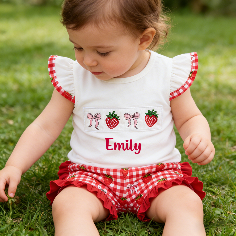 Personalized Girl Strawberry Ruffle Sleeve Top & Shorts Set| Cloth273